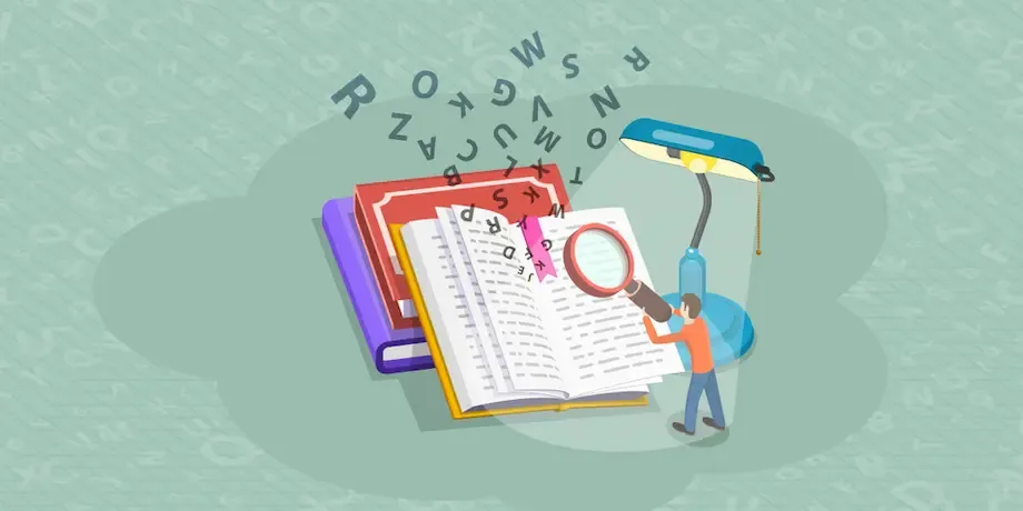An illustration featuring a person holding a magnifying glass over an open book with scattered letters flying out. The book is on top of a stack of colorful books, and a desk lamp is positioned to the right, illuminating the scene.