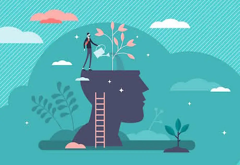An illustration of a large head silhouette with a ladder leading to the top, where a person is watering a plant that is growing from the head, symbolizing mental growth and nurturing. The background features abstract foliage, clouds, and a bright, whimsical sky