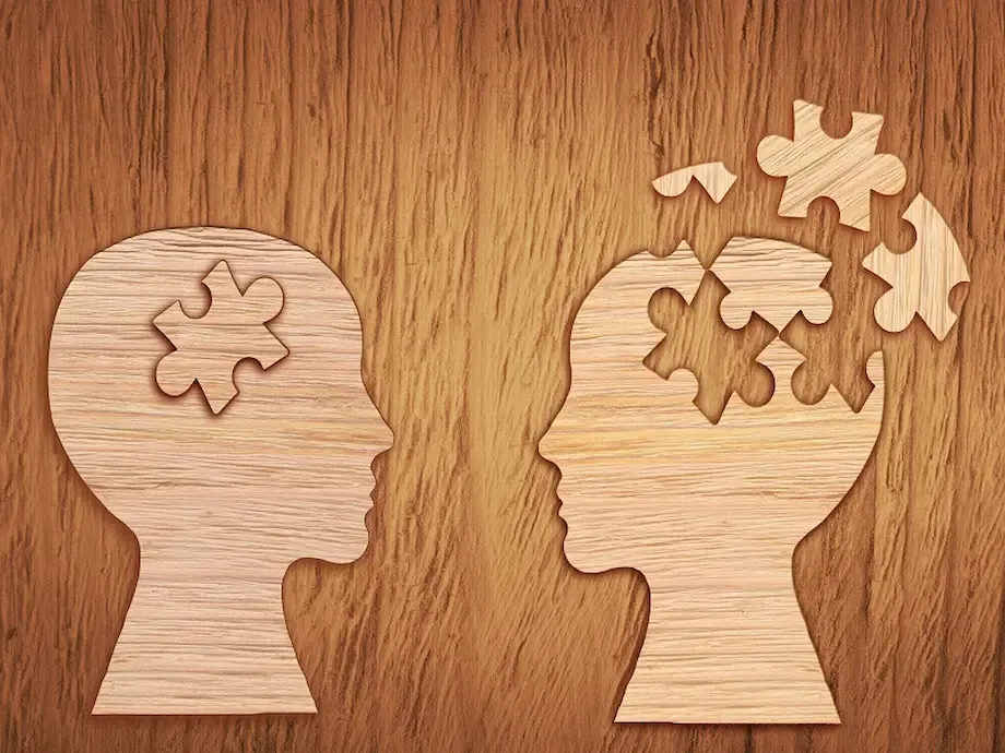 An illustration of two wooden head silhouettes on a wooden background. The head on the left has a single puzzle piece missing, while the head on the right has several puzzle pieces floating away, symbolizing mental health and the complexity of thoughts or emotions