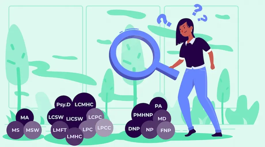 A colorful illustration of a woman holding a large magnifying glass, looking at clusters of circles labeled with various mental health credentials, such as Psy.D, LCSW, LMHC, and others. The woman has question marks above her head, indicating confusion or decision-making