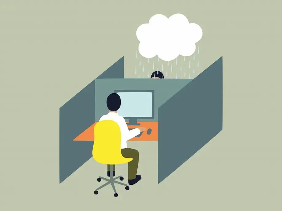 An illustration of two office cubicles with employees. One employee is working at a desk, while the other cubicle shows a person with a rain cloud over their head, symbolizing stress or depression.