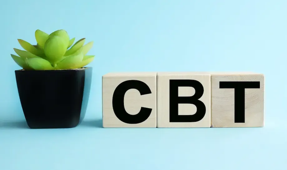 Three wooden blocks in a row against a light blue background, spelling out 'CBT' for Cognitive Behavioral Therapy. Next to the blocks is a small black pot containing a green succulent plant, adding a touch of life to the simple and clear message