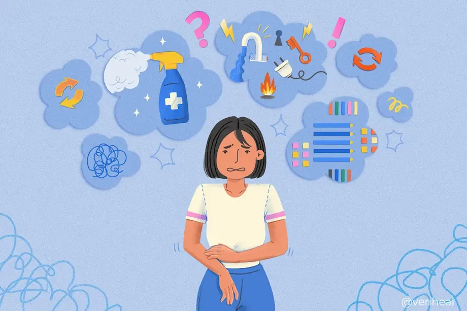 An illustration depicting a young woman with a worried expression, standing amidst a series of colorful thought bubbles containing various symbols like a brain, a question mark, a spray bottle, a magnet, and icons representing fire, electricity, and medical aids. The background is a soothing blue, with the thought bubbles conveying the chaos and confusion of overwhelming thoughts.