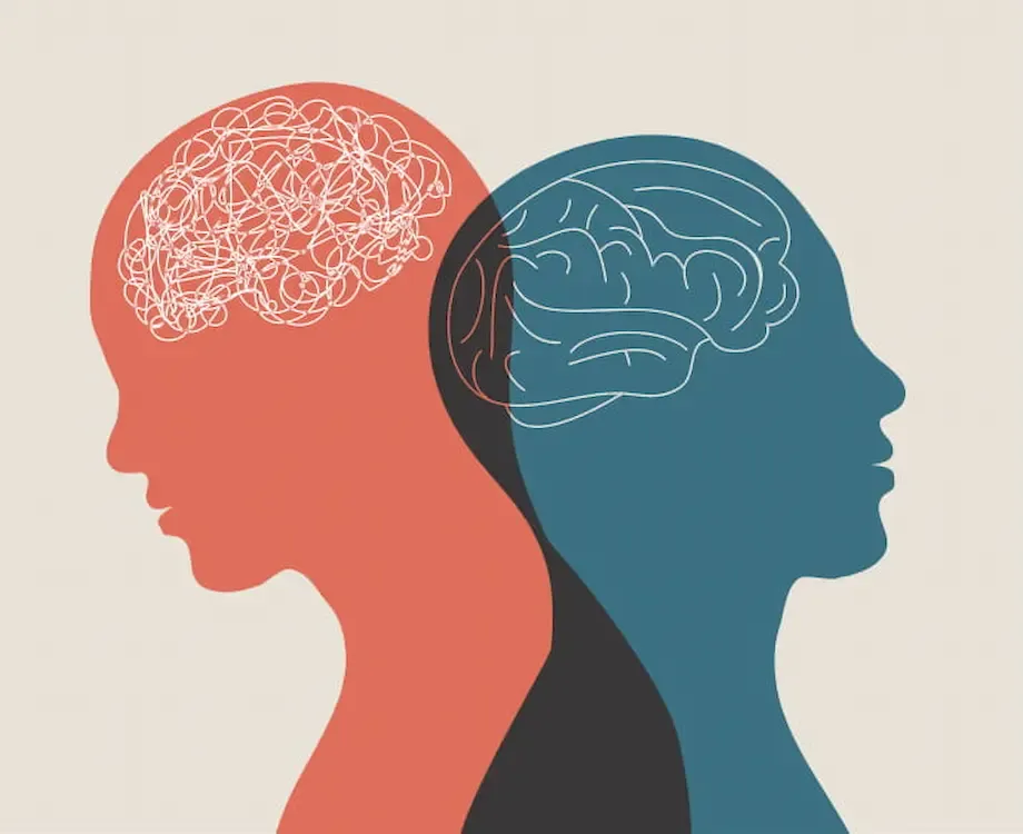 A conceptual illustration featuring two side-by-side profiles of human heads, one in red and the other in blue. The red profile contains a brain depicted as a tangled, chaotic mess of lines, representing confusion or mental disorder. The blue profile shows a brain with clear, orderly, flowing lines, symbolizing calmness or mental clarity. This stark contrast highlights different psychological states or the impact of therapy