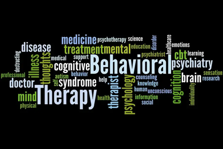 The image features a word cloud related to mental health and therapy, with terms like "Therapy," "Behavioral," "Cognitive," "Psychology," and "Treatment" in various sizes and orientations, highlighted against a black background to emphasize the concepts central to therapy and psychological treatment