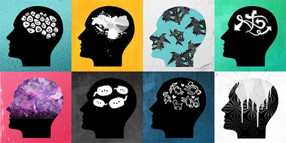 A collage of eight stylized silhouettes of human heads against colorful backgrounds, each filled with different abstract and symbolic elements representing various mental states or concepts. The designs include heads filled with pills, clouds, fish, tangled lines, a nebula, speech bubbles, abstract hands, and geometric patterns, illustrating diverse psychological themes.