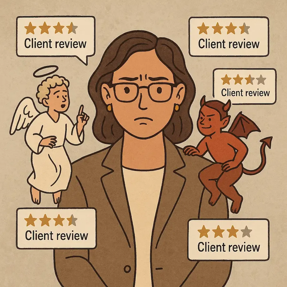 Therapist contemplating the ethics of using client reviews