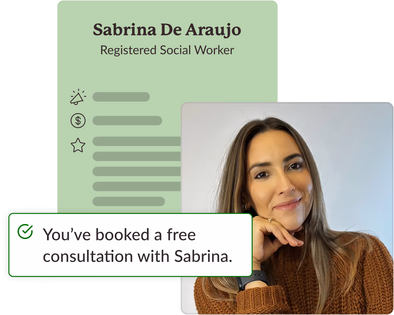 Portrait of a woman with long hair in a brown sweater smiling with a confirmation message saying 'You've booked a free consultation with Sabrina' and a profile card labeled Sabrina De Araujo, Registered Social Worker.